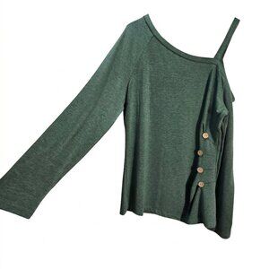 NWT | Forest Green Heather Asymmetric One-Shoulder Side Button Top | Large